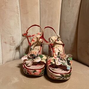 Floral Platform Sandals with Red and Cream Accents